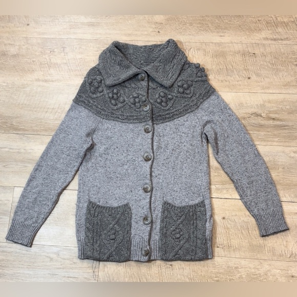 Anthropologie Sleeping On Snow Wool/Camel CablePom Cardigan Sweater Size Small - Picture 3 of 8